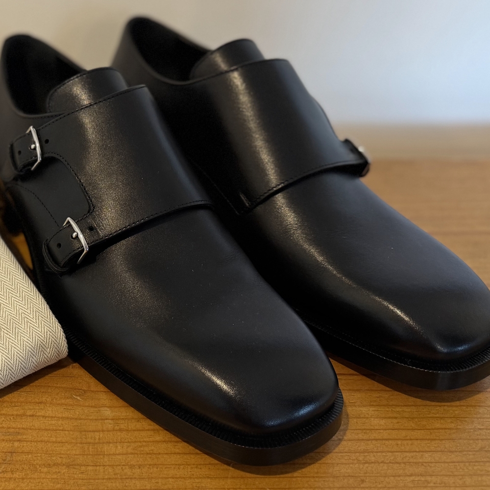 NWT Men's Black HERMES Calfskin Leather Double Monk Strap Shoes